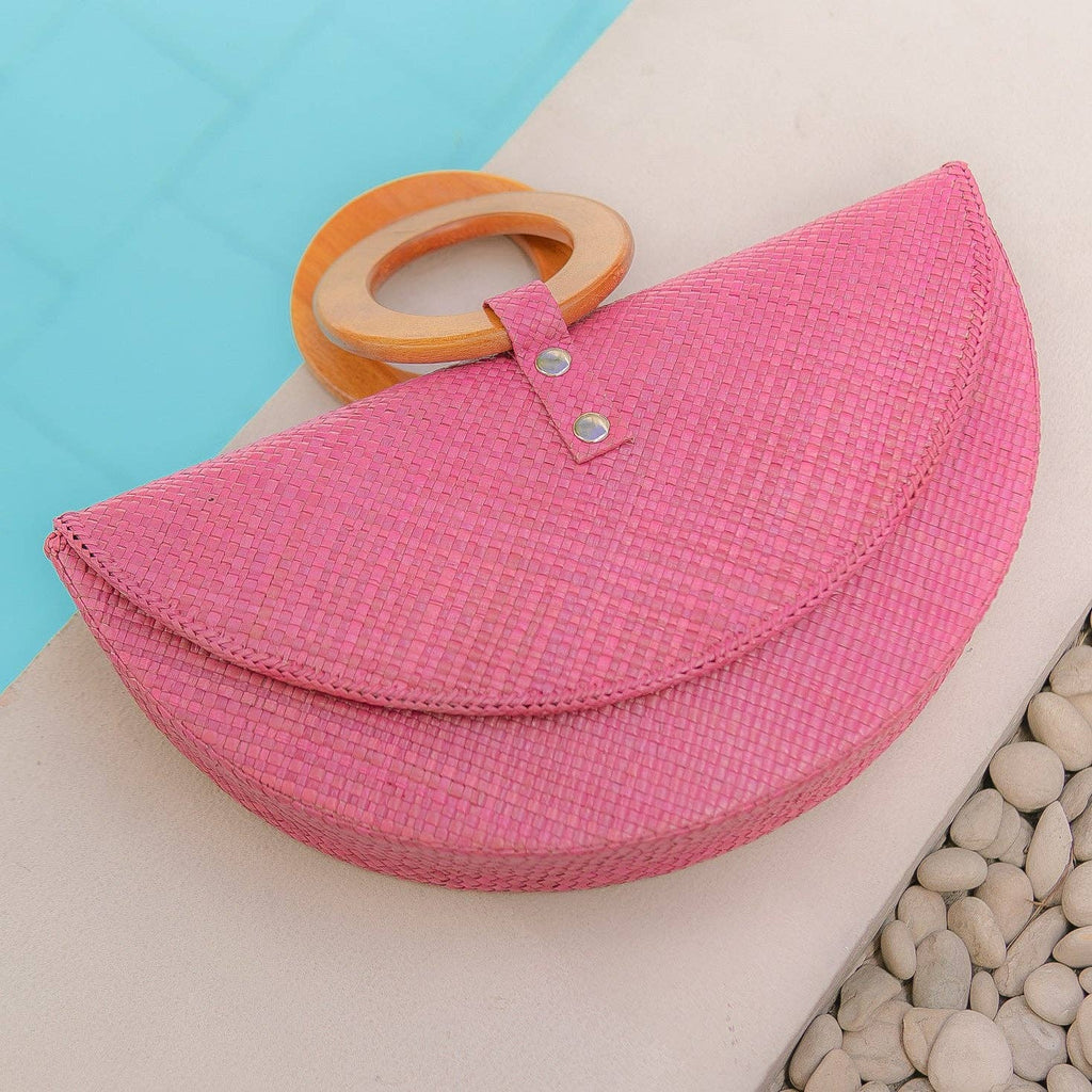 Pink Paloma Bag – Handwoven Pink Pandan Clutch with Wood Handle