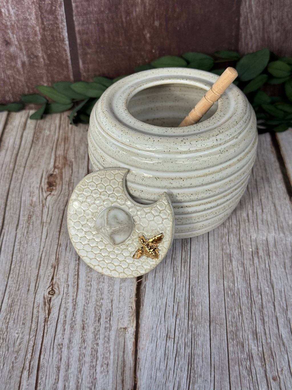 Ceramic Honey Pot in white with golden bee