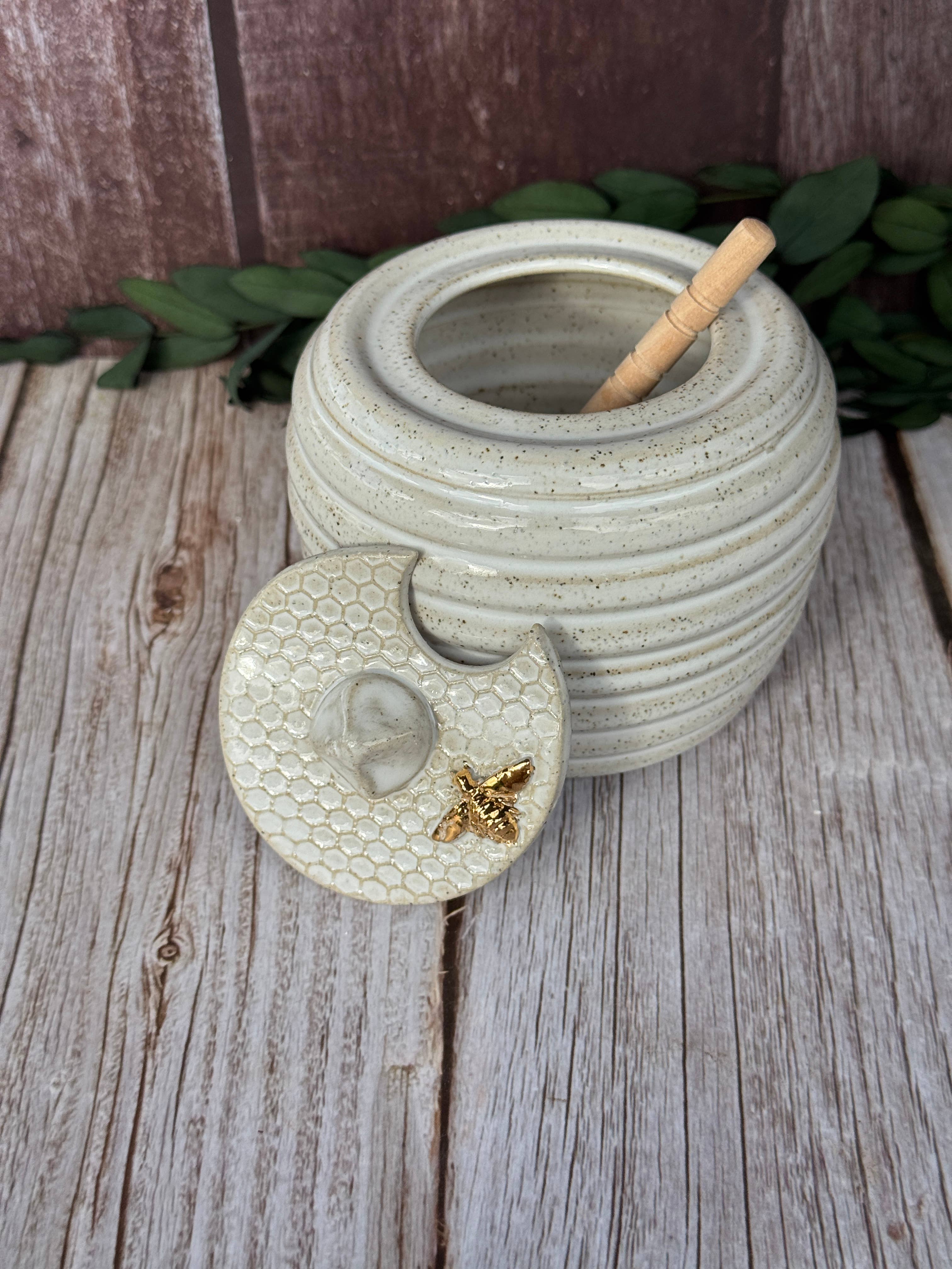 Ceramic Honey Pot in white with golden bee