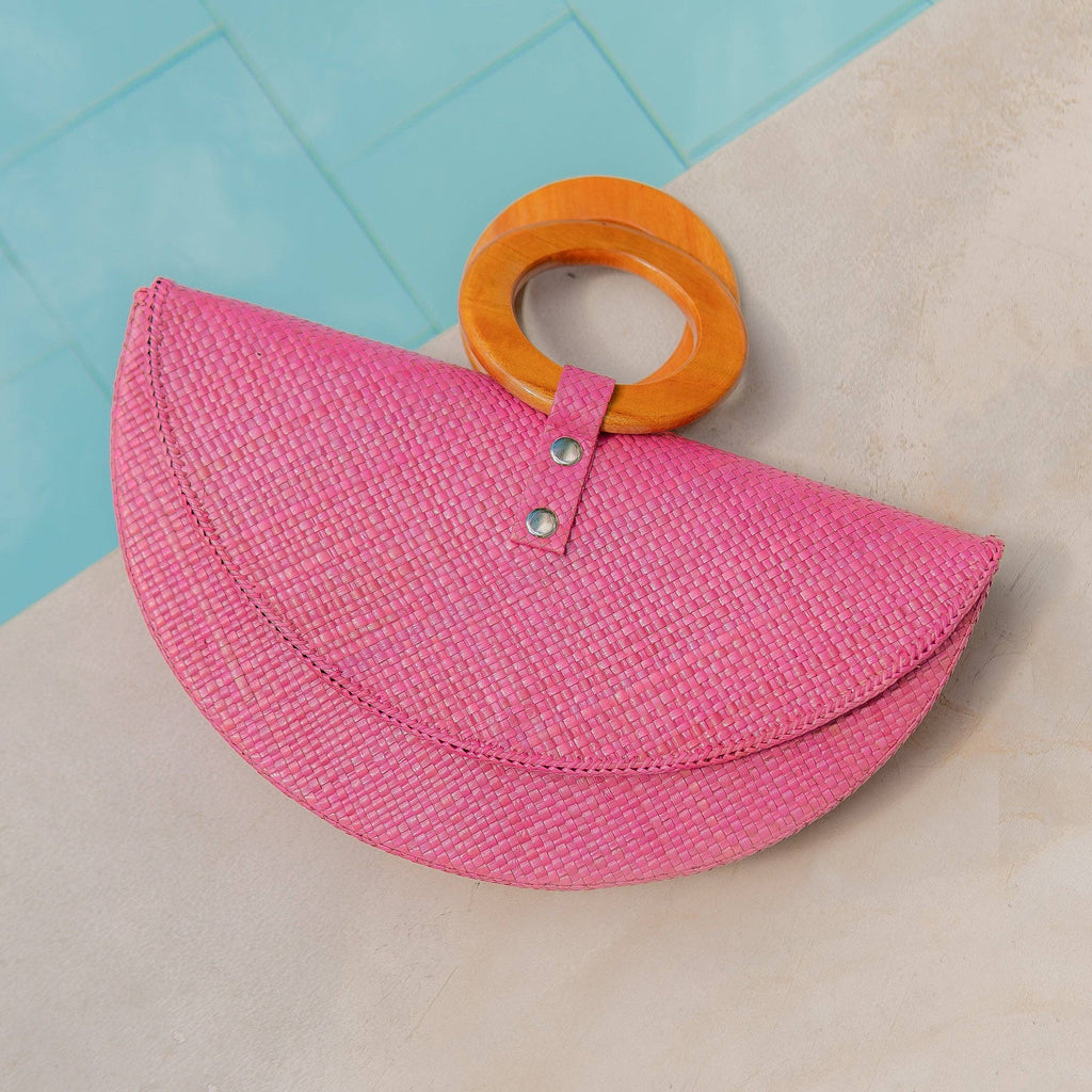 Pink Paloma Bag – Handwoven Pink Pandan Clutch with Wood Handle