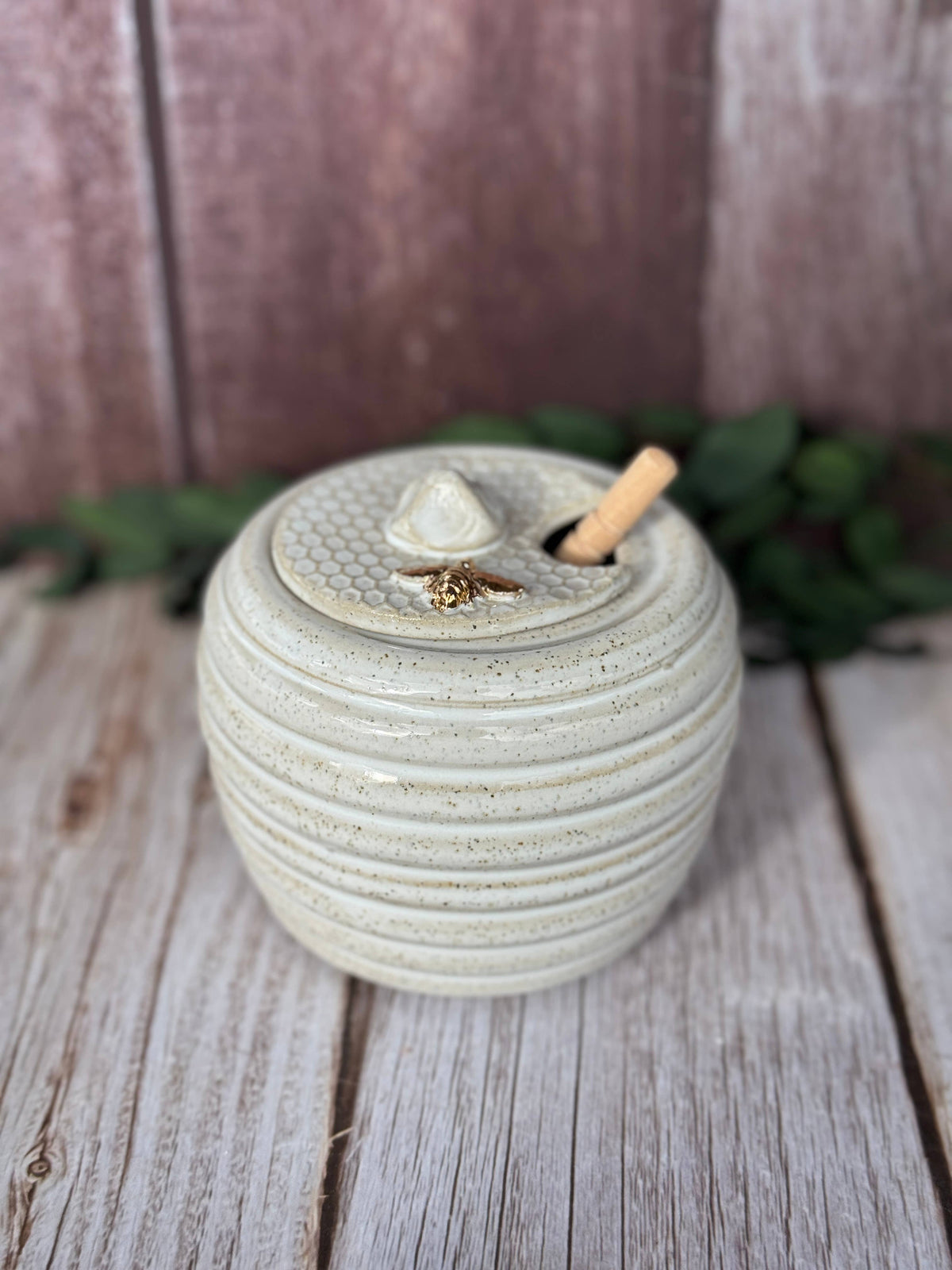 Ceramic Honey Pot in white with golden bee