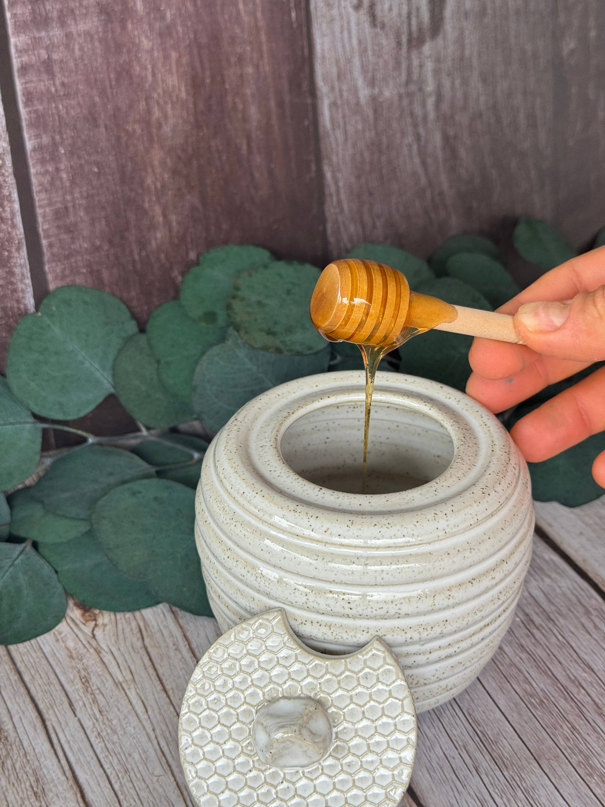 Ceramic Honey Pot in white with golden bee